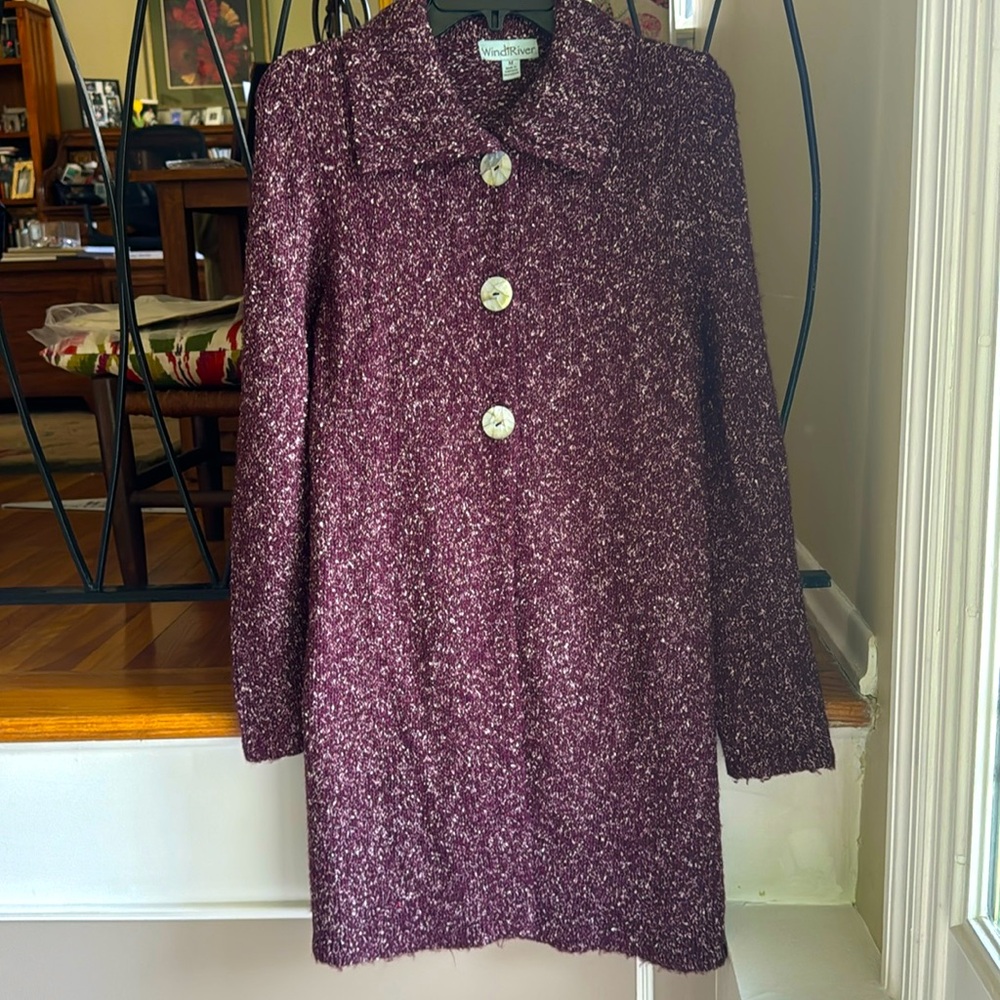 Ladies Medium Long Knit Cardigan—Purple and White Blend Yarn.